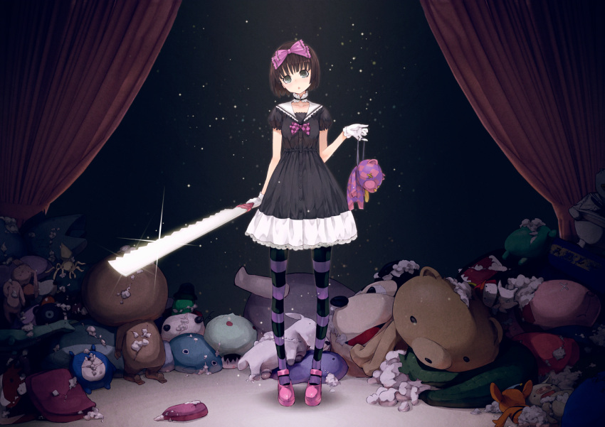 black_eyes, black_hair, bow, brown_hair, curtains, dress, gloves, gray_eyes