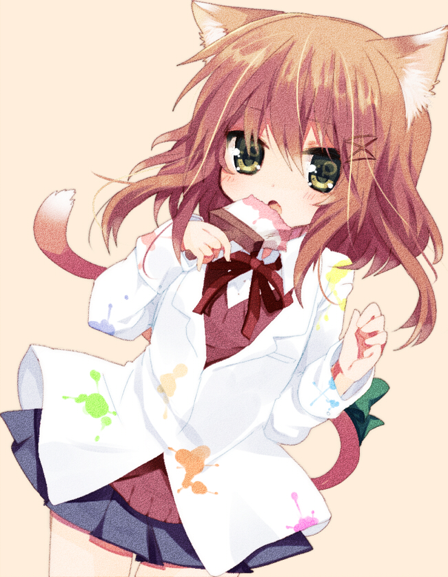 :o, animal_ears, brown_hair, brush, cat_ears, cat_tail, coat, color