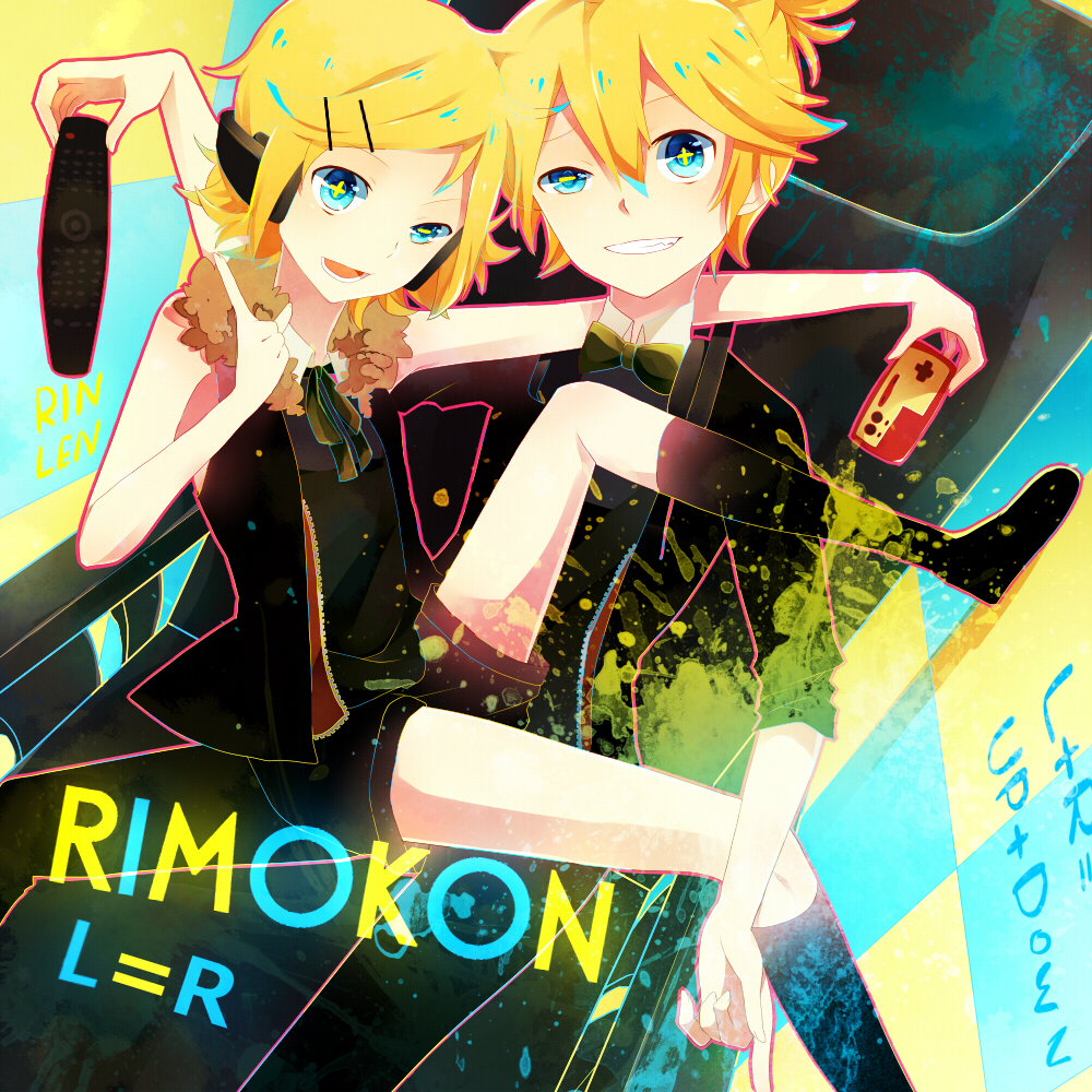 1boy, 1girl, achiki, blonde_hair, blue_eyes, boots, bowtie, brother_and_sister