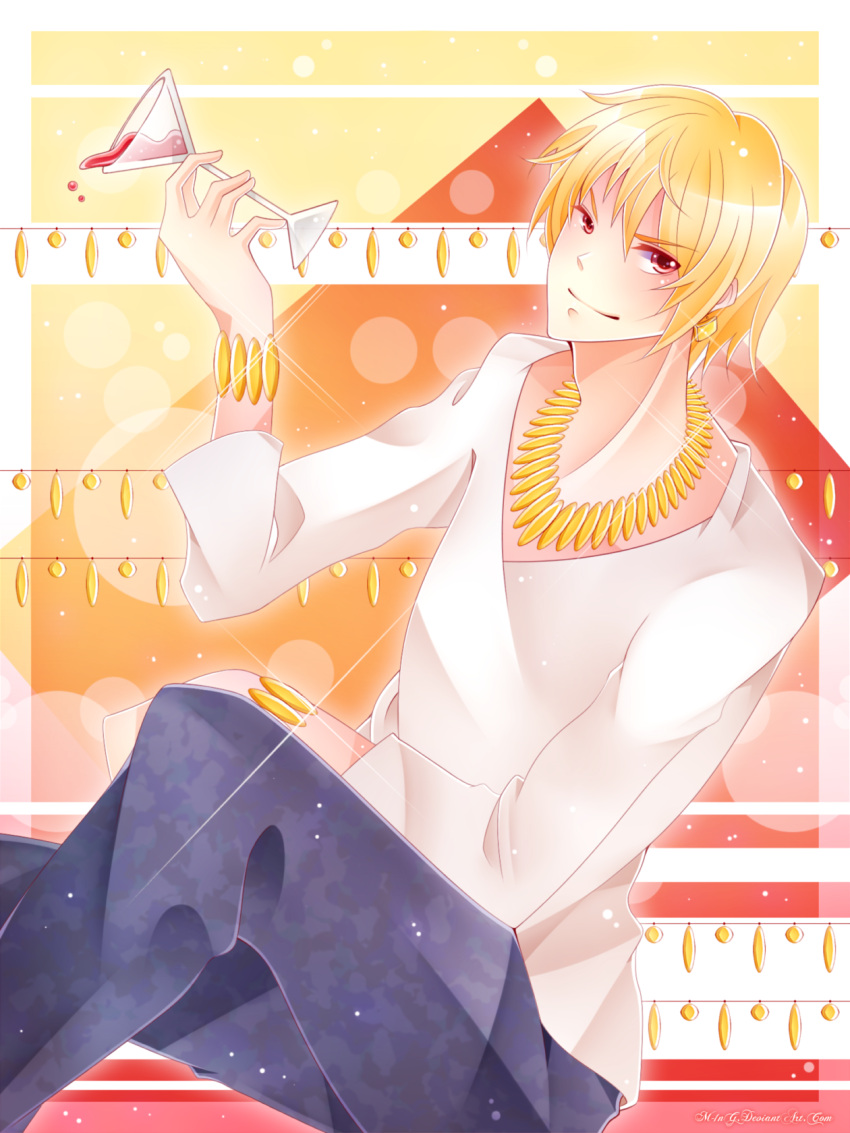 blonde_hair, earrings, fate/stay, fate/stay_night, fate/zero, fate_(series), gilgamesh, hair, highres, jewelry, m-1ng, male, night, red_eyes, short, short_hair, wine