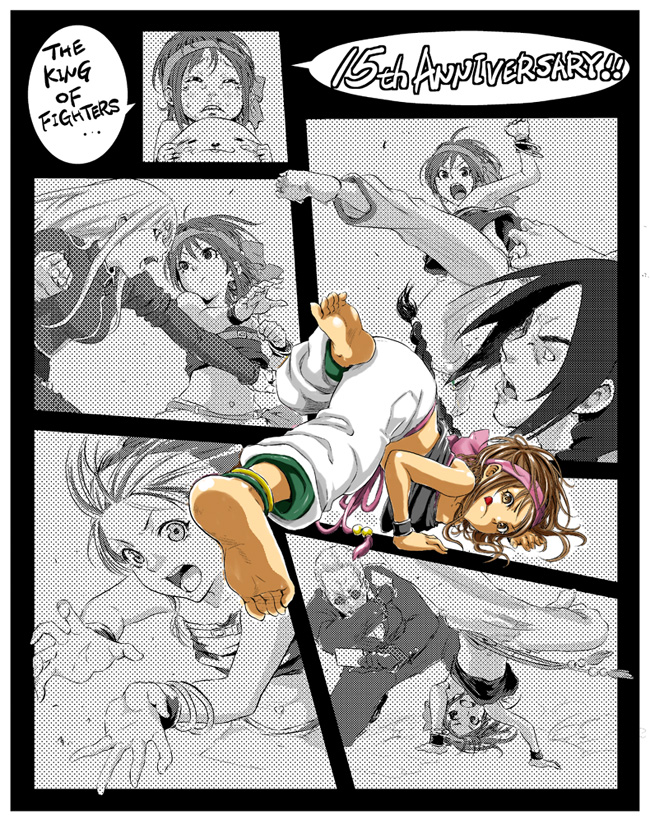 baggy_pants, barefoot, brown_hair, capoeira, capoiera, chobisuke, dirty_feet, feet, fighting, gato, headband, jewelry, kicking, king_of_fighters, king_of_fighters_xi, kula_diamond, kusanagi_kyo, manga, momoko, monochrome, navel, oswald_(kof), panels, snk, soles, tears, toes, tongue