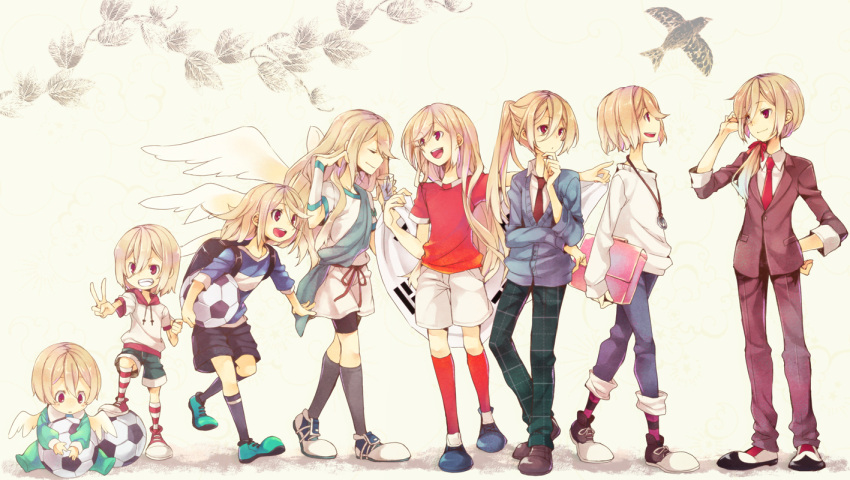 afuro_terumi, age_progression, androgynous, backpack, bag, ball, bike_shorts, blonde_hair, casual, chiko_(mizuho), child, crossover, fire_dragon_(inazuma_eleven), formal, inazuma_eleven, inazuma_eleven_(series), inazuma_eleven_go, jewelry, long_hair, multiple_persona, multiple_wings, necklace, necktie, open_mouth, ponytail, randoseru, red_eyes, sash, short_hair, soccer_ball, soccer_uniform, suit, trap, tunic, v, very_long_hair, wings, zeus_(inazuma_eleven)