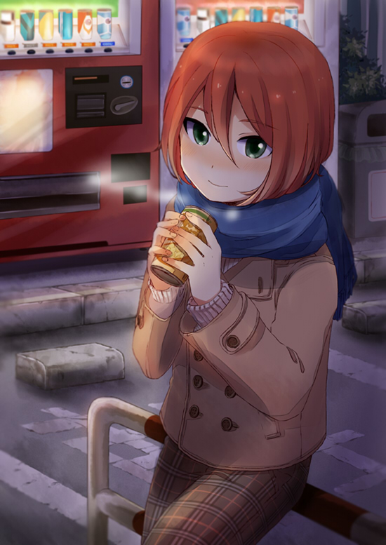 beroperone, breath, can, green_eyes, inazuma_eleven, inazuma_eleven_(series), kiyama_hiroto, male, outdoors, red_hair, redhead, scarf, short_hair, smile, solo, vending_machine