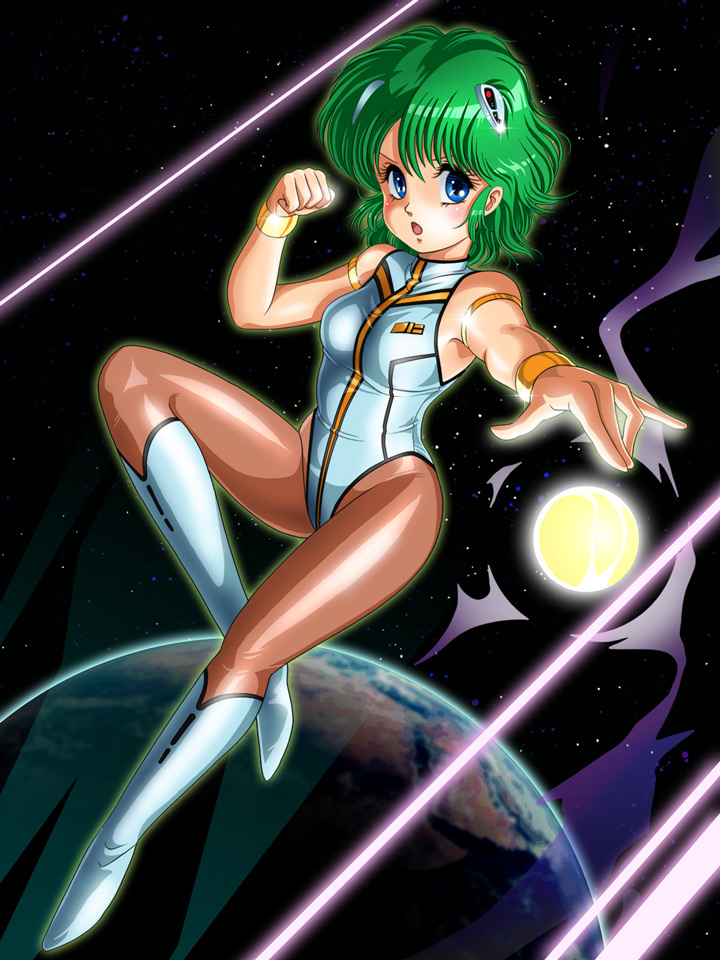 boots, cosplay, dangaiou, earth, green_hair, highleg, leotard, mia_alice