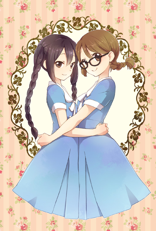 alternate_hairstyle, bespectacled, black_hair, braid, brown_eyes, brown_hair, dress, glasses, hirasawa_yui, hug, k-on!, k-on!_movie, koyu, long_hair, nakano_azusa, short_hair, singing!, twin_braids, twintails