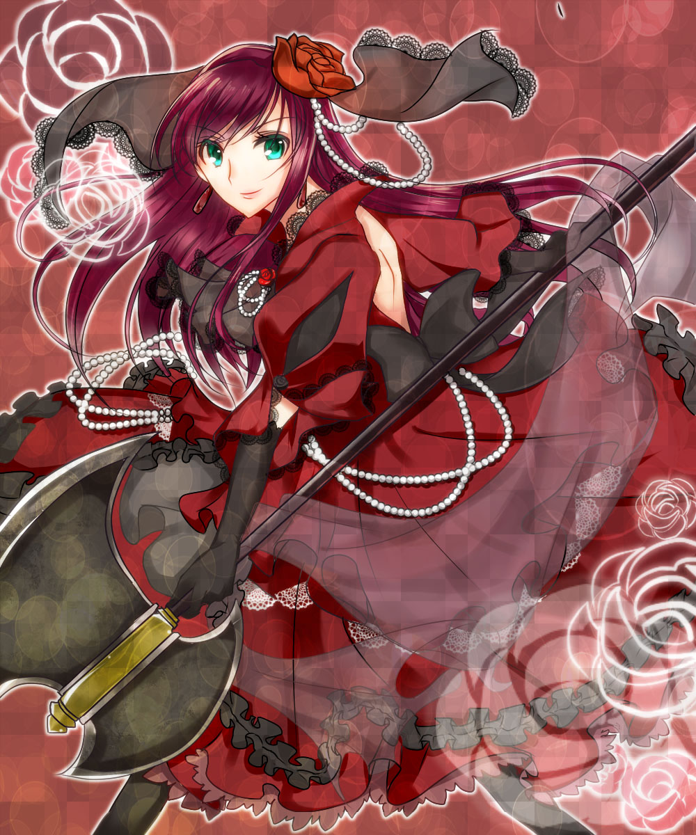 1girl, back, dress, elbow_gloves, flower, gloves, green_eyes, hair_ornament