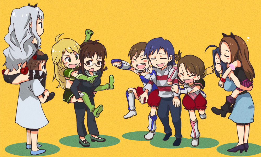 ahoge, akizuki_ritsuko, antenna_hair, arm_hug, ass, black_legwear, blonde_hair, blue_hair