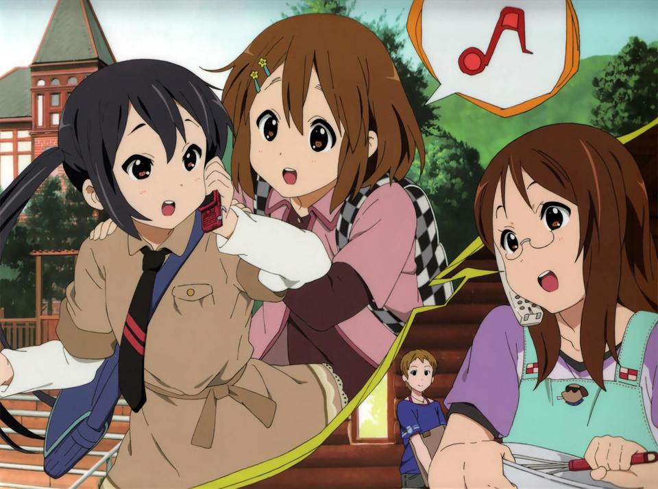 cellphone, cordless_phone, hair_ornament, hairclip, hirasawa_yui, jpeg_artifacts, k-on!, kawaguchi_norimi, long_hair, multiple_girls, nakano_azusa, necktie, phone, whisk, yamanaka_sawako