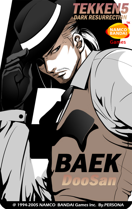 1boy, baek_doo_san, character_name, facial_hair, fedora, gloves, hat, monochrome, mustache, namco, necktie, persona_(artist), shaded_face, shirtvest, short_ponytail, solo, tekken, tekken_5