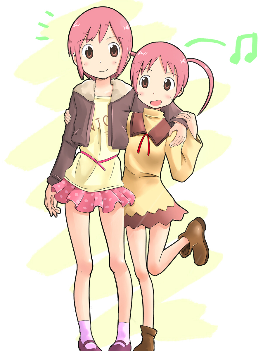 2girls, boots, brown_eyes, footwear, highres, jacket, leg_up, long_sleeves