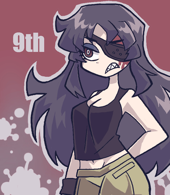 angry, blood, eyepatch, hono1212, long_hair, mirai_nikki, navel, panty_&amp;_stocking_with_garterbelt, parody, purple_eyes, purple_hair, solo, style_parody, tank_top, uryuu_minene, very_long_hair, violet_eyes, wristband