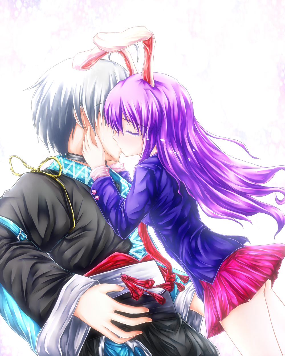 1boy, 1girl, ahoge, animal_ears, ass, bunny_ears, closed_eyes, collar