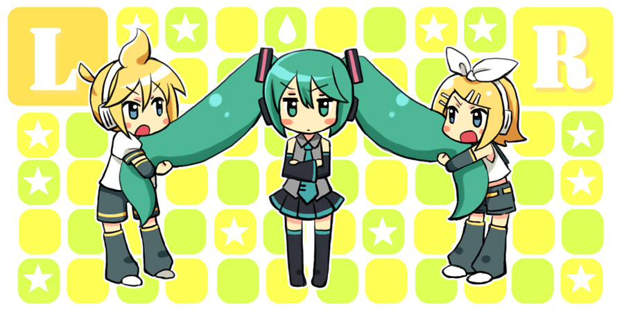 2girls, blonde_hair, blue_eyes, blush_stickers, crossed_arms, detached_sleeves, green_eyes, green_hair