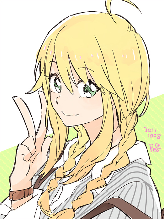 alternate_hairstyle, blonde_hair, braid, green_eyes, hoshii_miki, idolmaster, peg, solo, twin_braids, v