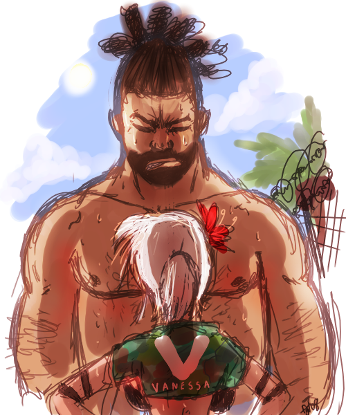 1boy, 1girl, backboob, beard, breasts, chest_hair, confrontation, crop_top