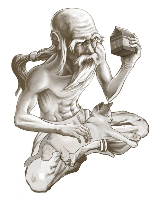 abs, bald, barefoot, beard, cat, facial_hair, indian_style, long_beard, long_hair, male, milk_carton, monochrome, muscle, mustache, old_man, petting, ponytail, shirtless, shun_di, sideburns, sitting, solo, topless, virtua_fighter, white_hair