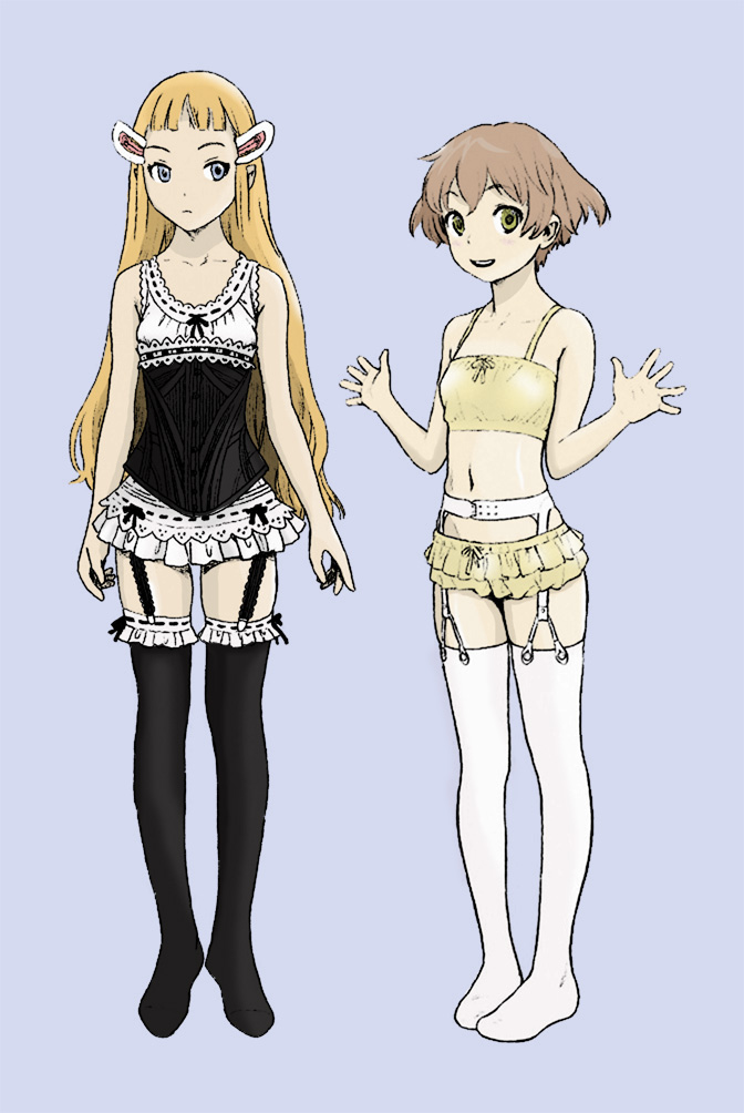 animal_ears, bare_shoulders, blonde_hair, blue_eyes, camisole, character_sheet, chemise, colored, drawfag, fam_fan_fan, frills, garter_belt, garter_straps, green_eyes, hair_ornament, hairclip, imageboard_colors, last_exile, last_exile:_ginyoku_no_fam, long_hair, milia_il_velch_cutrettola_turan, millia_il_velch_cutrettola_turan, multiple_girls, murata_renji, navel, short_hair, thigh-highs, thighhighs, underwear, underwear_only