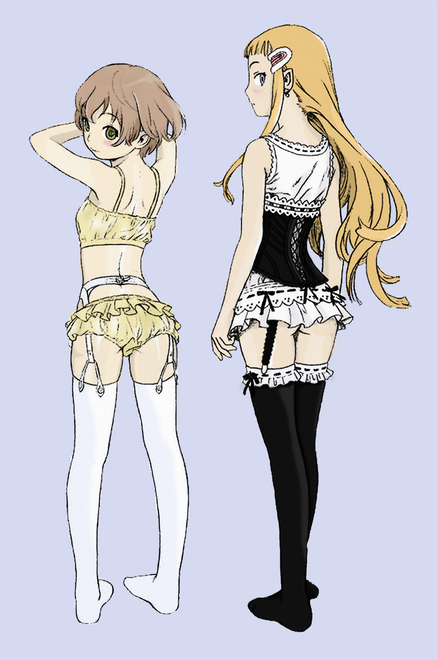 ass, back, bare_shoulders, blonde_hair, blue_eyes, blush, camisole, character_sheet, chemise, colored, drawfag, elf, fam_fan_fan, frills, from_behind, garter_belt, garter_straps, green_eyes, hair_ornament, hairclip, highres, imageboard_colors, last_exile, last_exile:_ginyoku_no_fam, long_hair, looking_back, milia_il_velch_cutrettola_turan, millia_il_velch_cutrettola_turan, multiple_girls, murata_renji, payot, pointy_ears, short_hair, thigh-highs, thighhighs, underwear, underwear_only