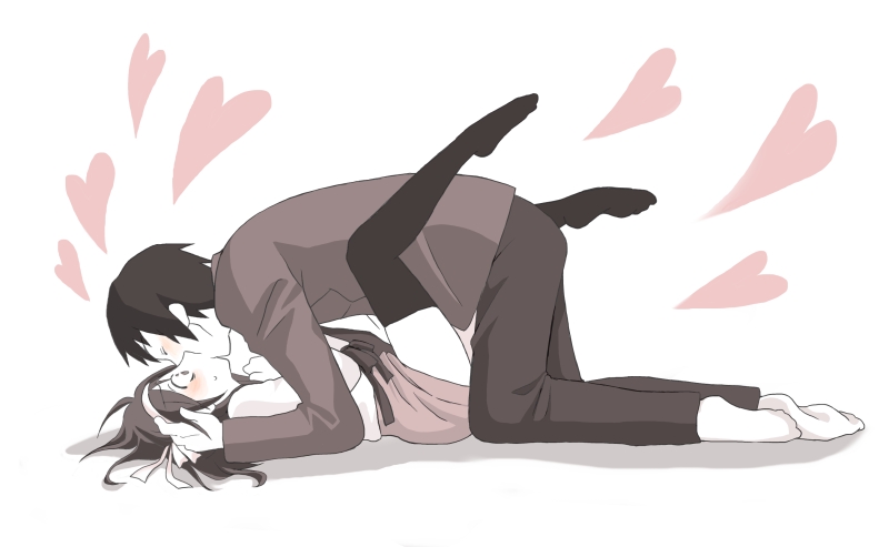 1girl, between_legs, blush, couple, footwear, guy_on_top, hairband, heart, kiss, kyon, legs_up, long_hair, monochrome, no_shoes, school_uniform, serafuku, skirt, socks, surprise_kiss, surprised, suzumiya_haruhi, suzumiya_haruhi_no_yuuutsu, taiki_(6240taiki), thigh-highs, thighhighs