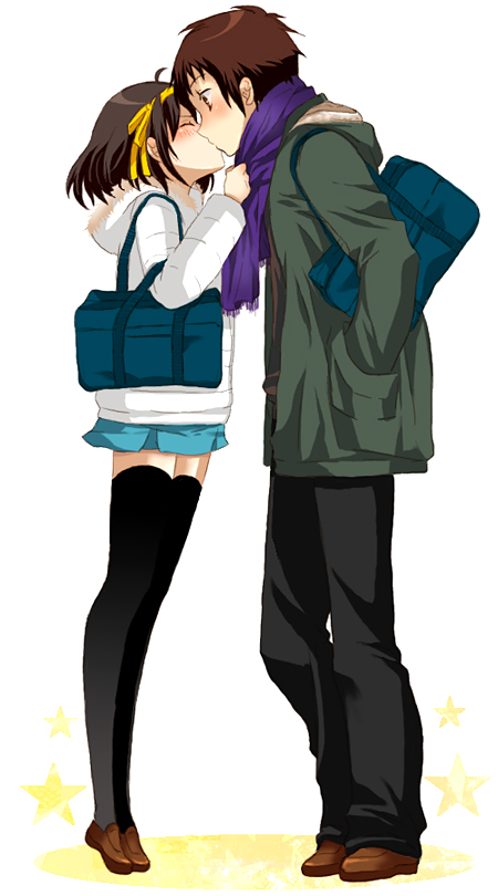 1girl, bag, blush, closed_eyes, coat, couple, hair_ribbon, hairband
