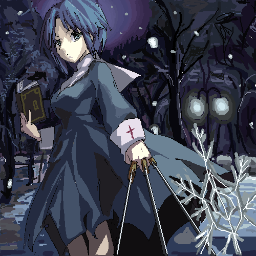 1girl, bible, black_keys, blue_eyes, blue_hair, ciel, habit, liverpool19831121