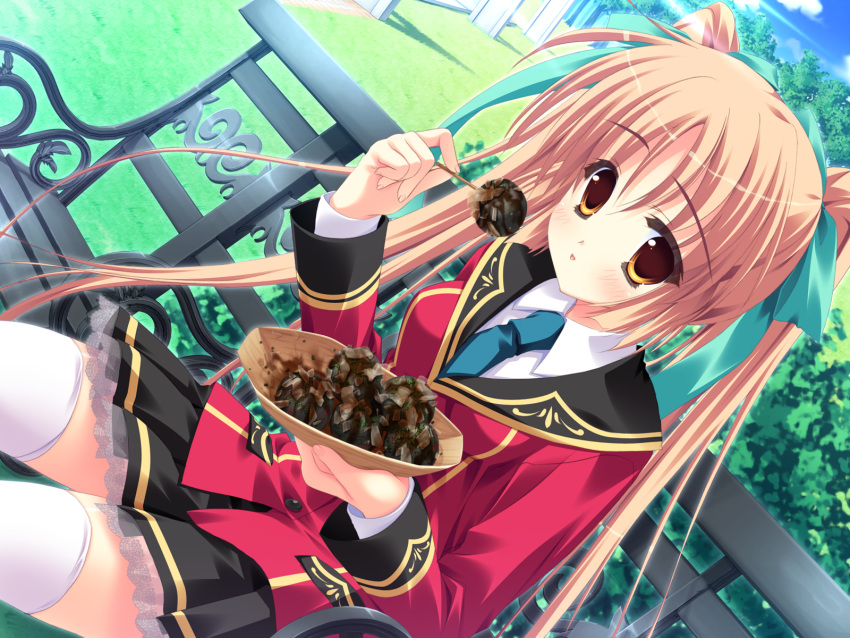 amano_satsuki, brown_eyes, brown_hair, food, game_cg, hinamatsuri_touko, seifuku, thigh-highs