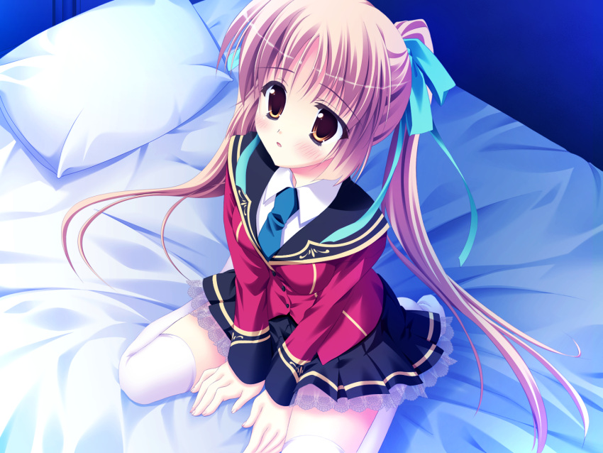 amano_satsuki, bed, brown_hair, game_cg, hinamatsuri_touko, seifuku, twintails, yume_miru_tsuki_no_lunalutia