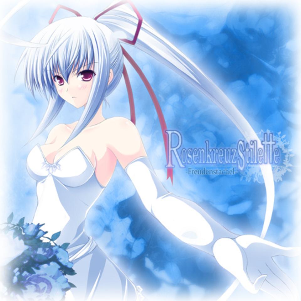 1girl, ahoge, bangs, blue, bow, breasts, cleavage, dress