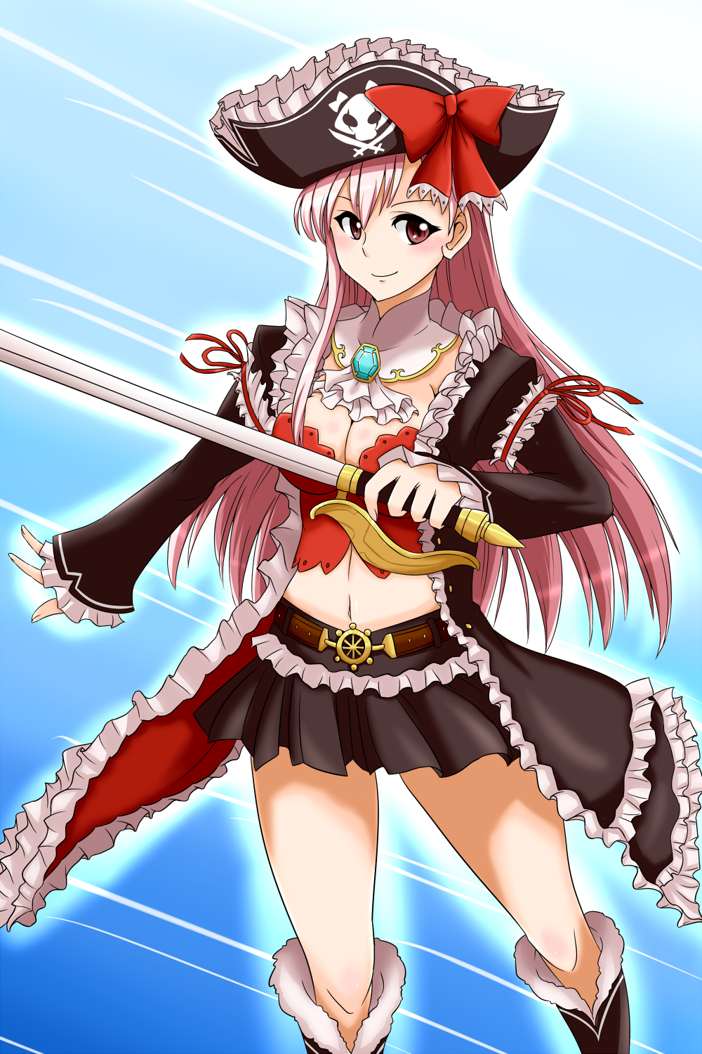 belt, boots, bow, breasts, captain_liliana, cleavage, frills, hat