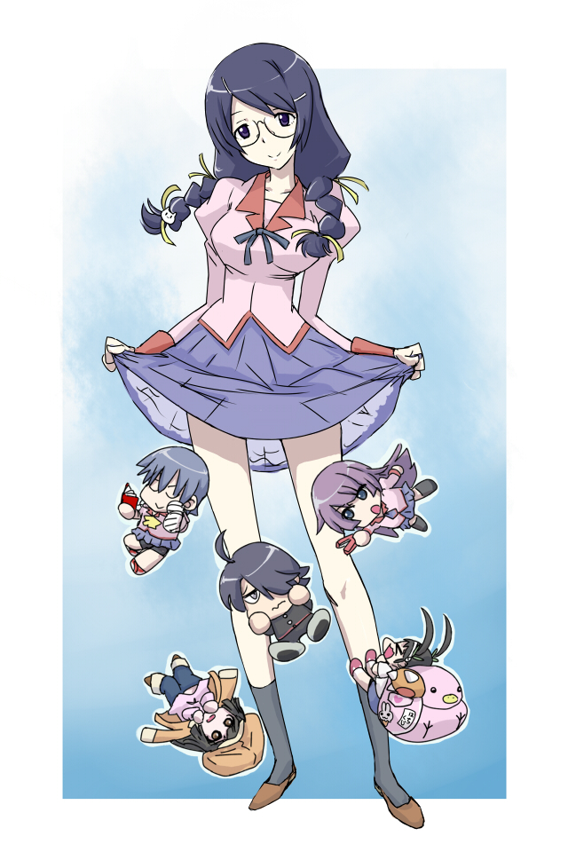 bakemonogatari, black_hair, blue_eyes, chibi, glasses, gohandesu_yo, hachikuji_mayoi, hanekawa_tsubasa