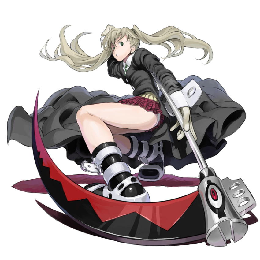 gloves, green_eyes, highres, imaoka, maka_albarn, necktie, panties, plaid, plaid_skirt, school_uniform, scythe, skirt, soul_eater, soul_eater_(character), stance, underwear
