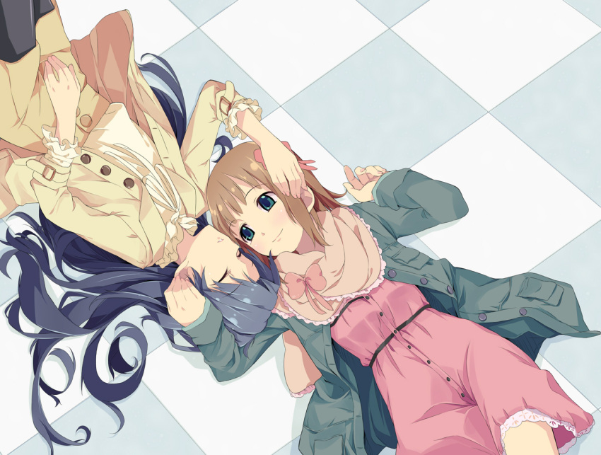 amami_haruka, black_legwear, blue_hair, blush, brown_hair, casual, checkered, checkered_floor