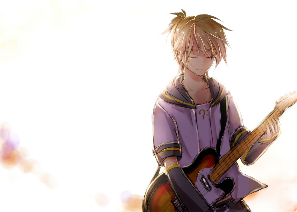 blonde_hair, closed_eyes, detached_sleeves, electric_guitar, eyes_closed, guitar, instrument, kagamine_len