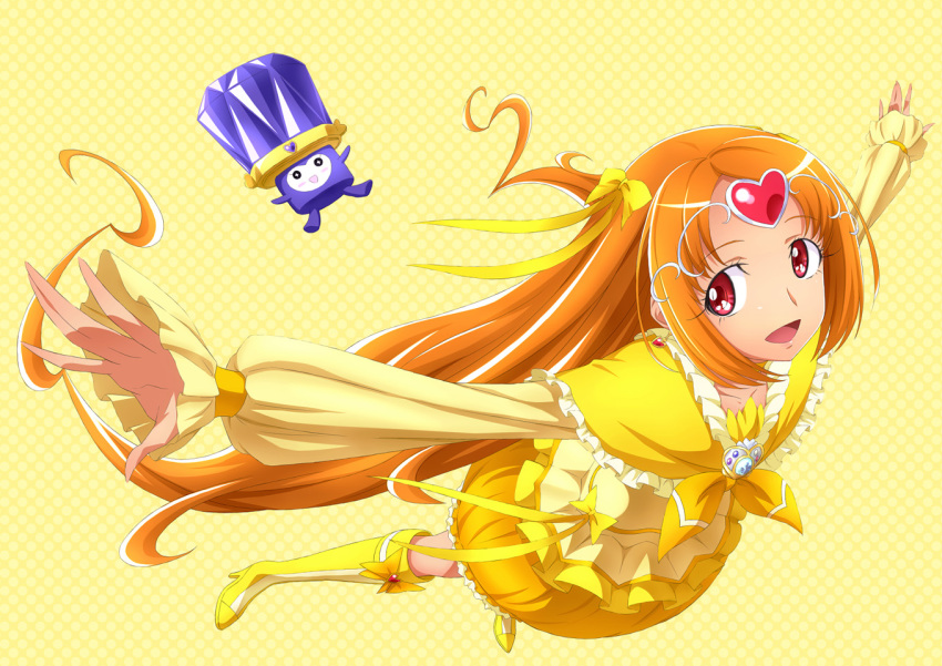 boots, bow, brooch, bubble_skirt, chikuyama, circlet, cure_muse, cure_muse_(yellow)