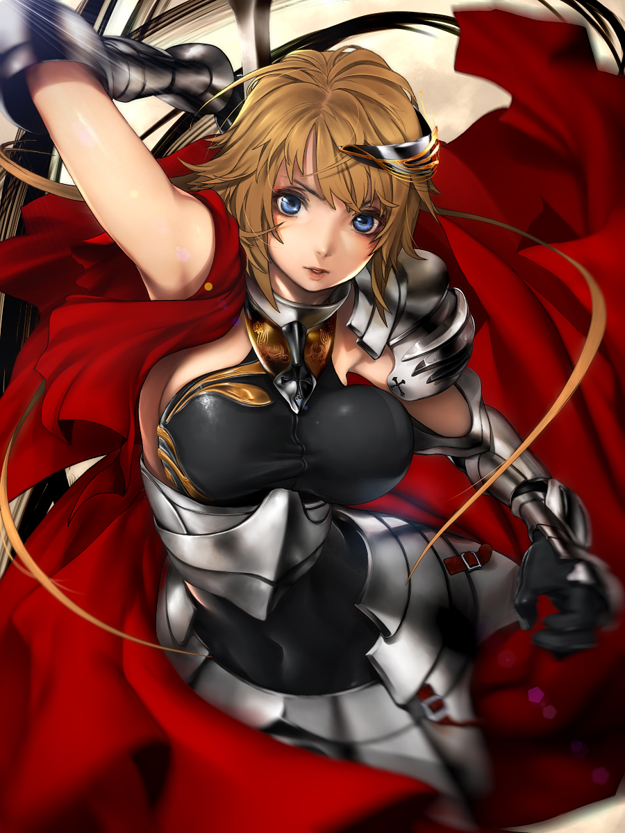 arm_up, armor, armored_dress, blonde_hair, blue_eyes, breasts, brown_hair, cape
