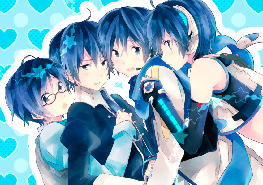 4boys, animal_ears, bad_id, bespectacled, blue_eyes, blue_hair, blush, cat_ears, cyberneko, glasses, kaito, male, multiple_boys, multiple_persona, neko_cyber_(module), non_(hey_you!), ousaka_nozomi, project_diva, project_diva_(series), project_diva_2nd, scarf, smile, tail, vocaloid