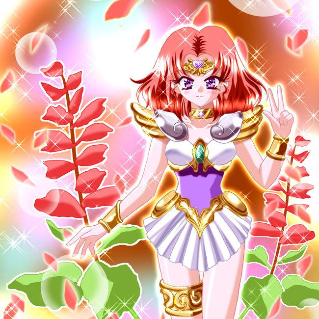 1girl, angel_salvia, brooch, circlet, flower, jewelry, leg_garter, magical_girl