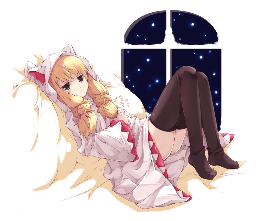 animal_ears, bad_id, bed, blonde_hair, brown_eyes, cat_ears, cat_hood, feet, female, final_fantasy, final_fantasy_tactics, hood, long_hair, lying, mizuzono, robe, solo, thigh-highs, thighhighs, white_mage, white_mage_(fft), window, yellow_eyes
