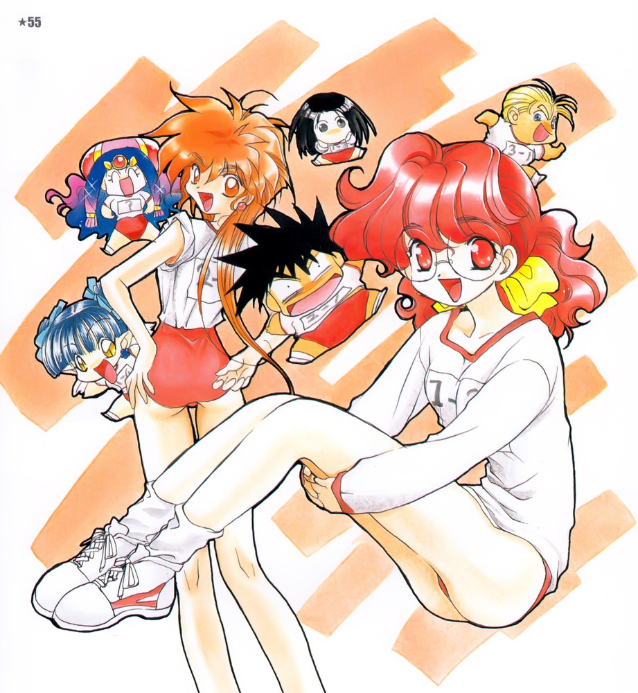4girls, 90s, bakuretsu_hunters, black_hair, blonde_hair, blue_eyes, blue_hair, buruma