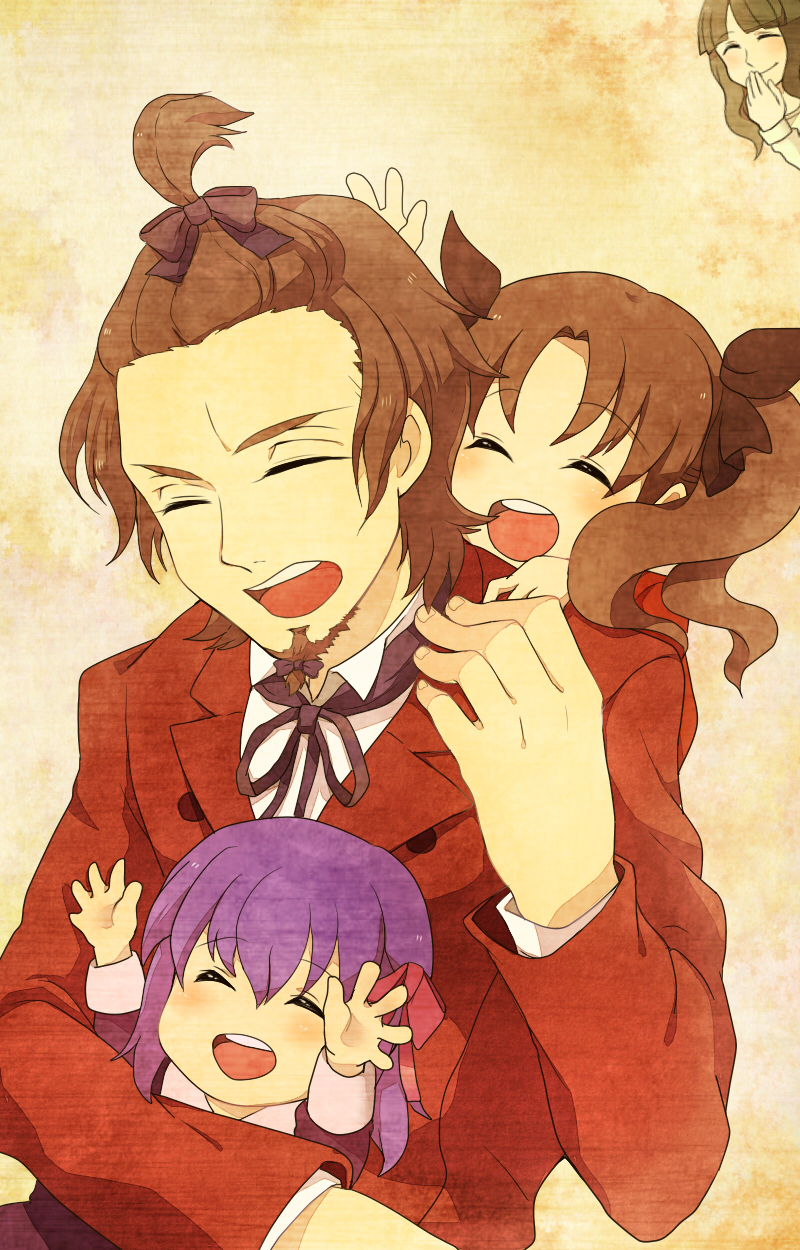 1boy, 3girls, ^_^, age_difference, alternate_hairstyle, blush, bow, brown_hair