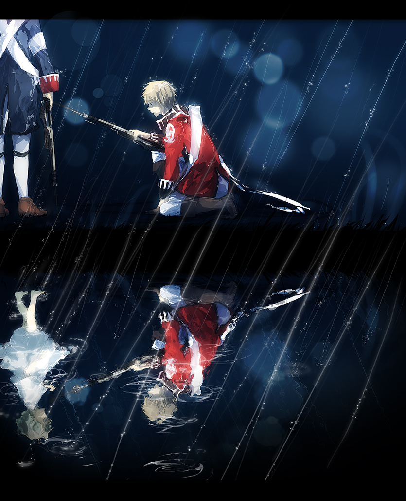 america_(hetalia), american_revolution, axis_powers_hetalia, bayonet, blonde_hair, different_reflection, gun, kneeling