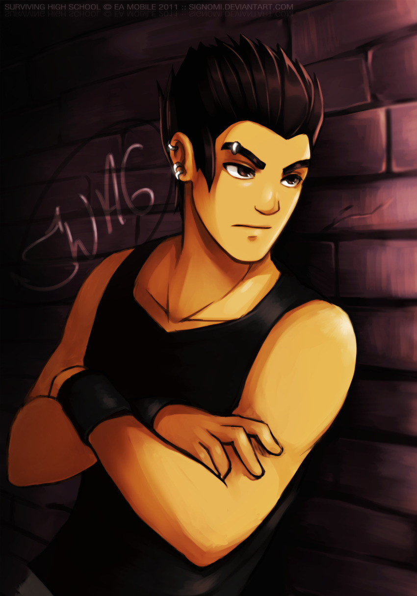 absurdres, bare_shoulders, brick_wall, brown_eyes, colt_warren, crossed_arms, graffiti, male