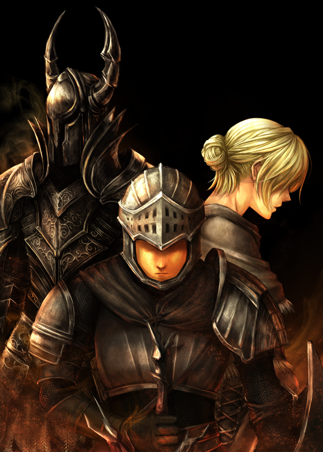 2boys, anastacia_of_astora, armor, black_knight_(dark_souls), blonde_hair, dark_souls, full_armor, gauntlets