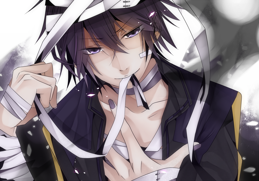 bandage, bandages, black_hair, male, mouth_hold, purple_eyes, shion_taito, short_hair