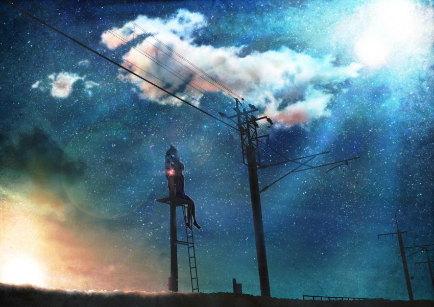 cloud, highres, hono_mochizuki, ladder, lens_flare, lonely, long_hair, original