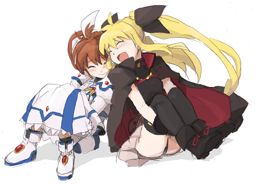 blonde_hair, blush, boots, brown_hair, cape, closed_eyes, fate_testarossa, hair_ribbon