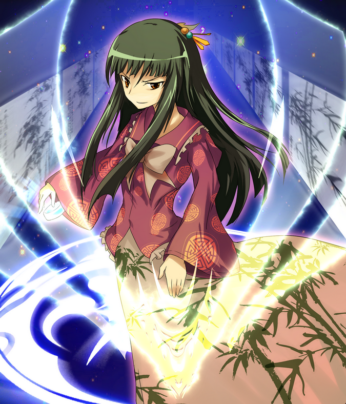 black_hair, blunt_bangs, bow, hair_ornament, hime_cut, houraisan_kaguya, japanese_clothes, long_hair, magic_circle, red_eyes, sharp_(renweixia), solo, touhou