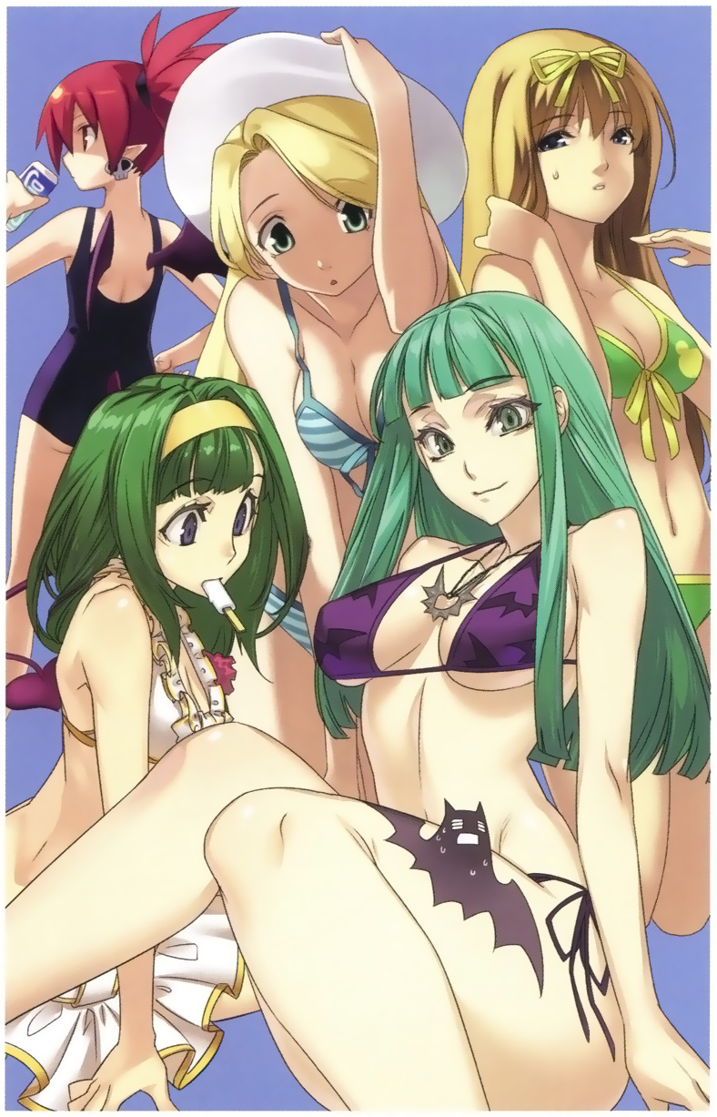 aiba_mikoto, ar_tonelico, ar_tonelico_i, atelier_(series), atelier_marie_alchemist_of_salburg, aurica_nestmile, bat, bat_wings, bikini, blonde_hair, blue_eyes, breasts, capcom, cleavage, cross_edge, crossover, disgaea, drink, etna, front-tie_top, green_eyes, green_hair, gust, hairband, hat, highres, long_hair, marie_(atelier), morrigan_aensland, multiple_girls, nakamura_tatsunori, navel, nippon_ichi, official_art, one-piece_swimsuit, pointy_ears, popsicle, red_hair, redhead, school_swimsuit, side-tie_bikini, simple_background, smile, striped, striped_bikini, striped_swimsuit, swimsuit, tail, underboob, vampire_(game), wings