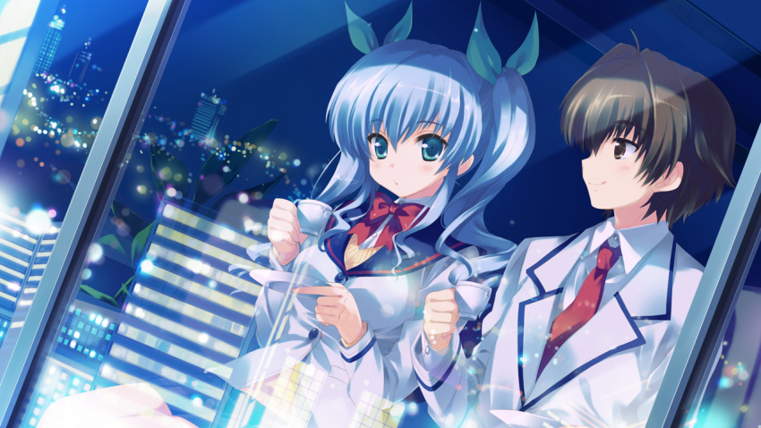 aqua_eyes, bow, brown_eyes, brown_hair, city, game_cg, hoshi_no_ouji-kun, necktie
