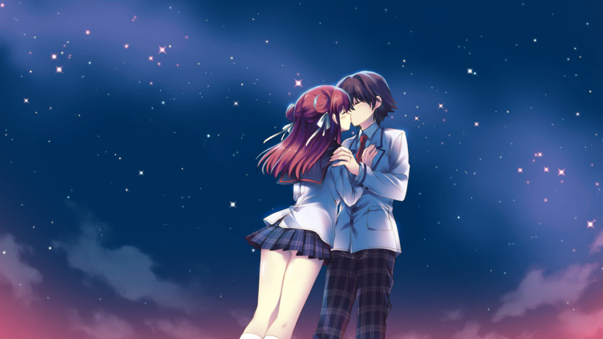 brown_hair, clouds, game_cg, hoshi_no_ouji-kun, kiss, long_hair, necktie, night